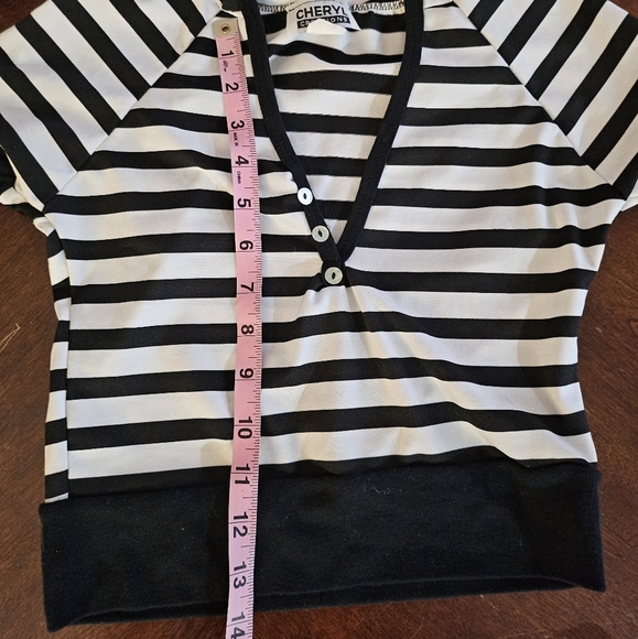 Y2K Black/White Stripe Cropped Top with Hood - Picture 8 of 10